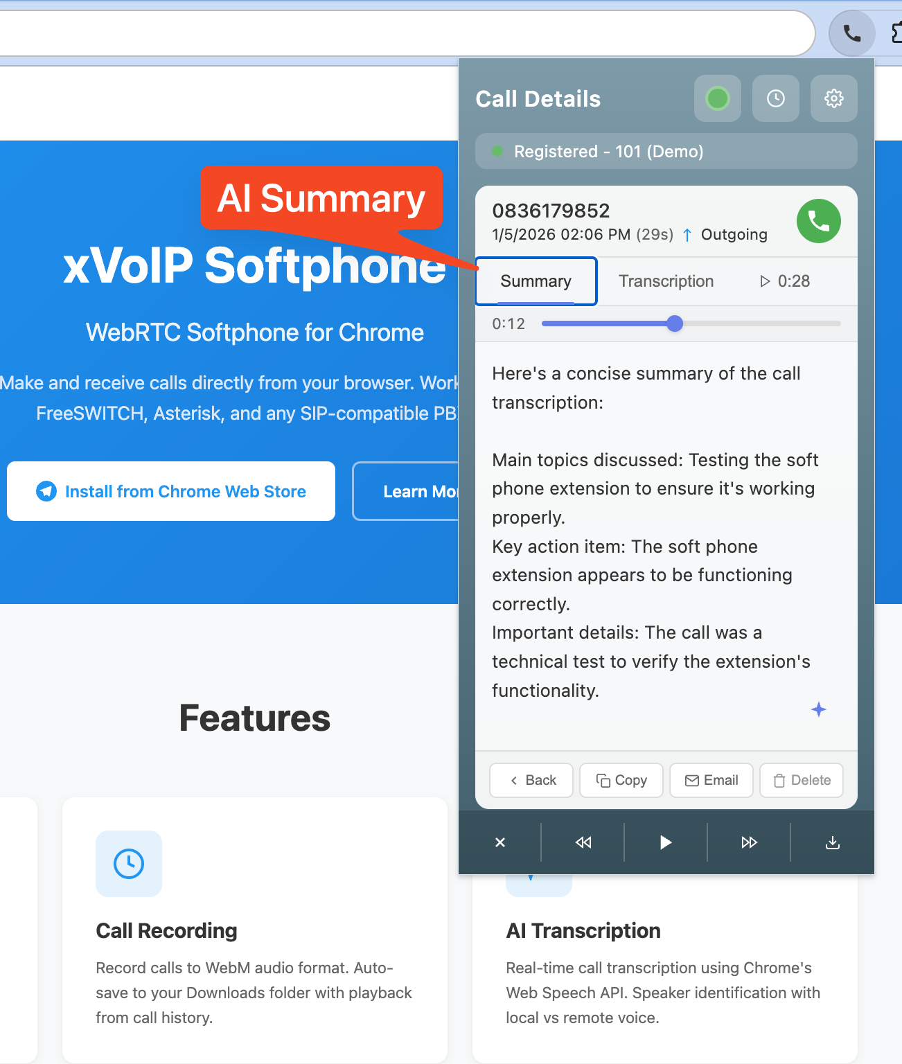 Call details with AI summary